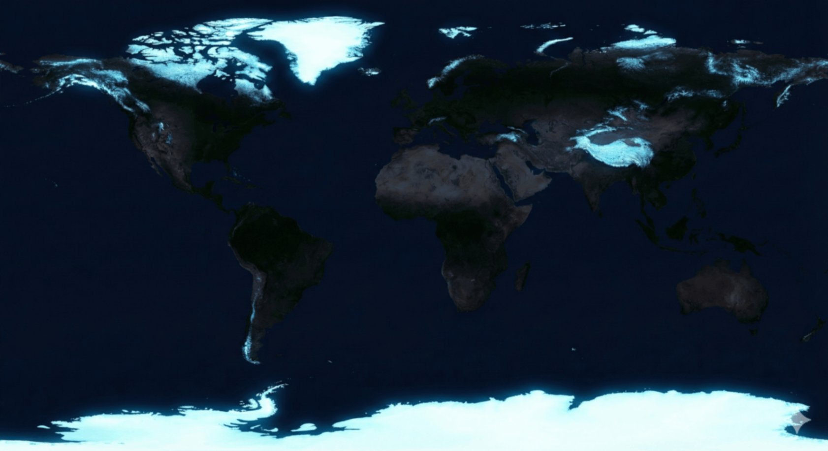 Global glacier and ice sheet distribution map showing the cryosphere across polar regions and mountain ranges